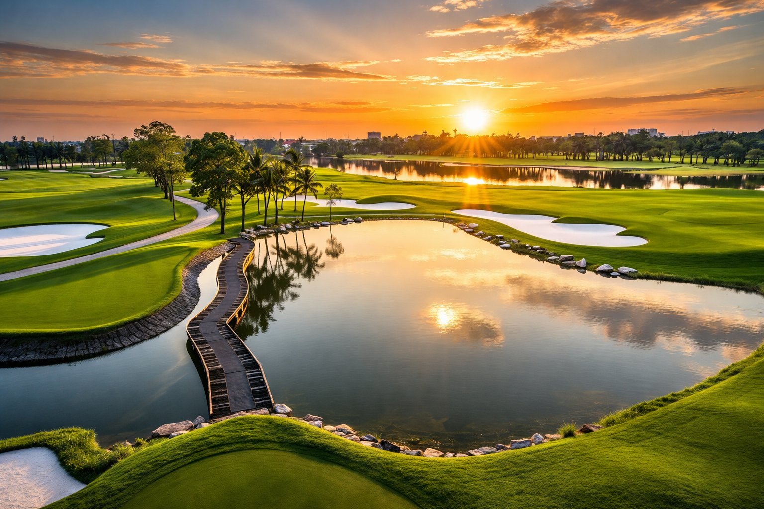 Sunrise over the lakes and boardwalk at Summit Windmill Golf Club