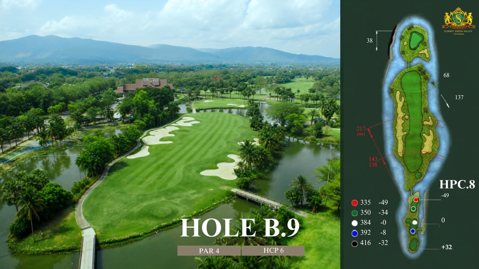 Hole B9 at Summit Green Valley, par 4 - aerial and yardage card